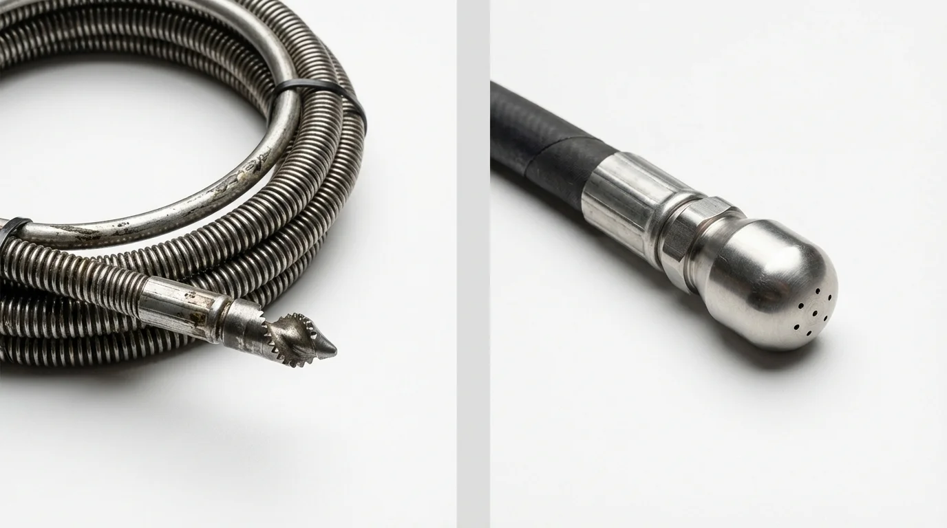 Drain snake cable and hydro jetting nozzle used for drain cleaning in Middleton, WI