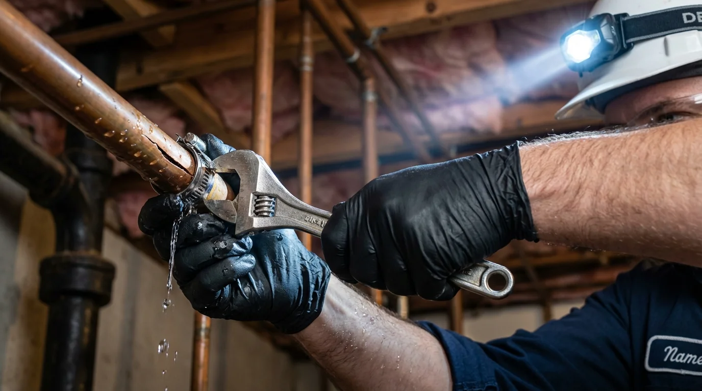 Emergency pipe clamp repair being performed by a Johns Plumbing LLC plumber in Middleton