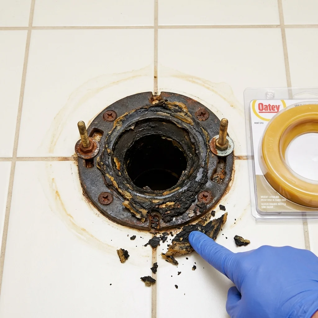 Failed wax ring showing water seepage at the base of a toilet in a Middleton, WI home