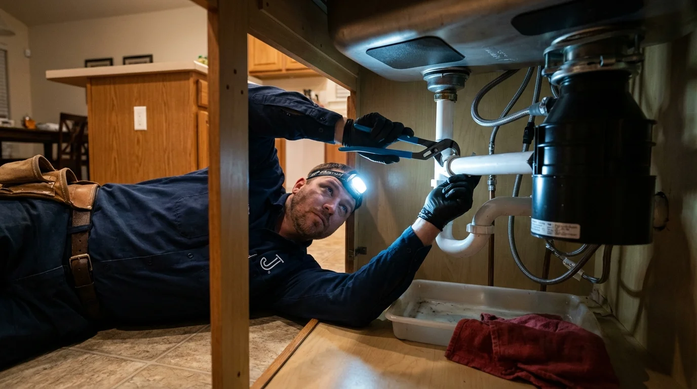 P-trap and supply line connections under a kitchen sink showing a common leak point in Middleton, WI